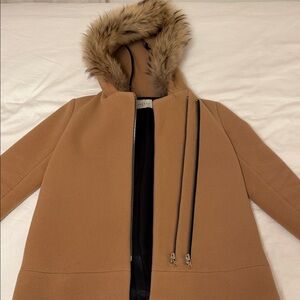 Sandro Camel Fur-Trimmed Wool Coat